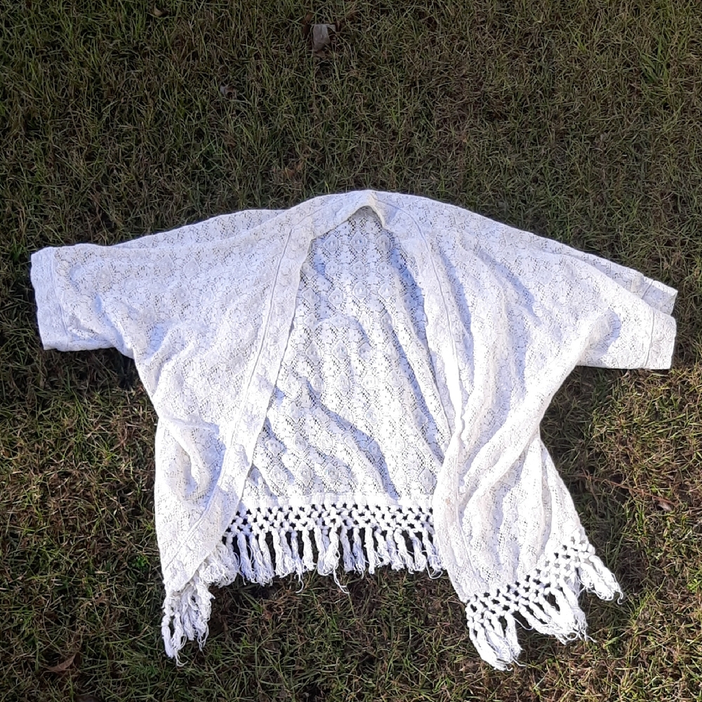 White Lace Kimono Cardigan with Fringe